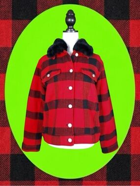 GAP Cozy Black & Red Buffalo Plaid Button Up Coat w/ Removable Faux Fur Collar M
